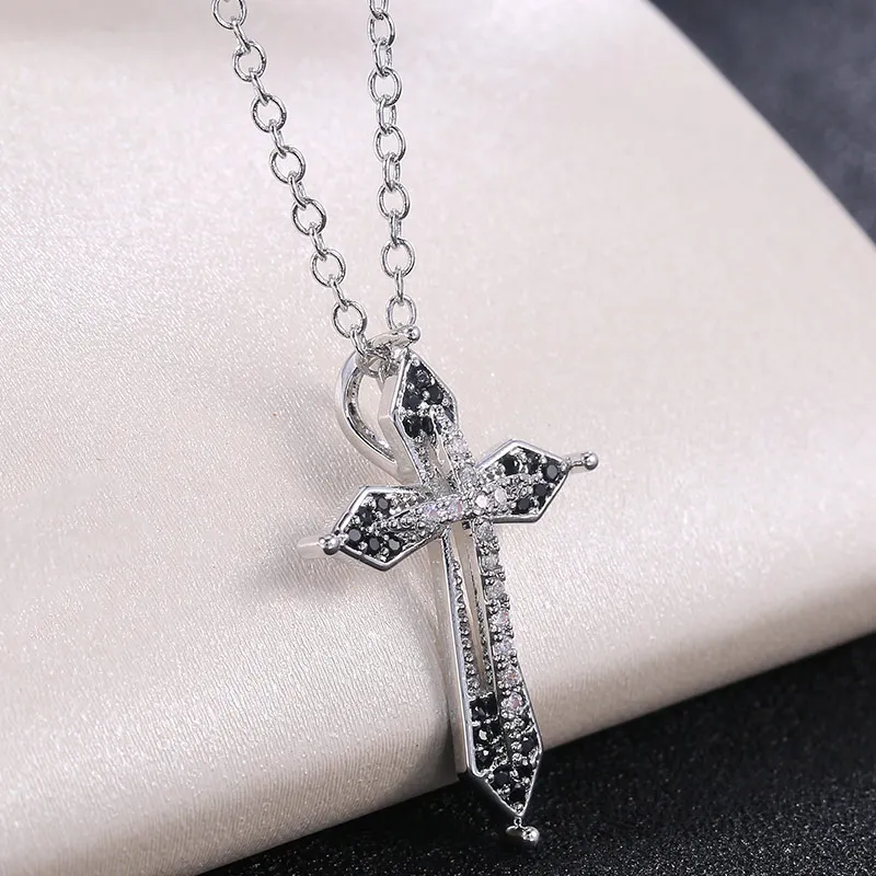 Huitan Classic Cross Pendant Female Necklace Jewelry with Black White CZ Zircon Stone Birthday Gift for Fashion Women Religious | Украшения