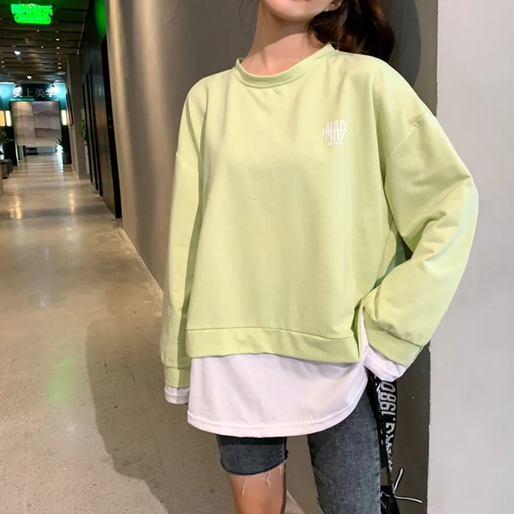 Patchwork Sweatshirts for Women Autumn Harajuku Fleece Thin Fake Two-piece Oversized Harajuku Hoodies Plus Size Women Sweetshirt