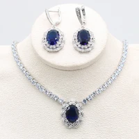 geometric silver color blue green white zircon necklace earring set for women luxury wedding party jewelry box