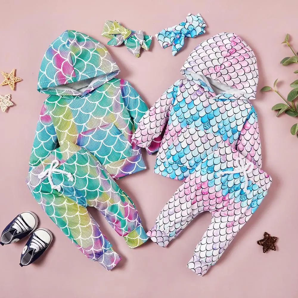 PatPat 2020 New Spring and Autumn 3-piece Fish Scale Print Hoodie Pants Set for Baby Girl Boy Sets Clothes | Детская одежда и