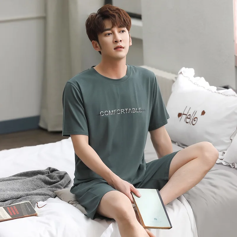 Men's striped cotton pajamas suit high-quality casual and comfortable short-sleeved shorts loose large size thin home service