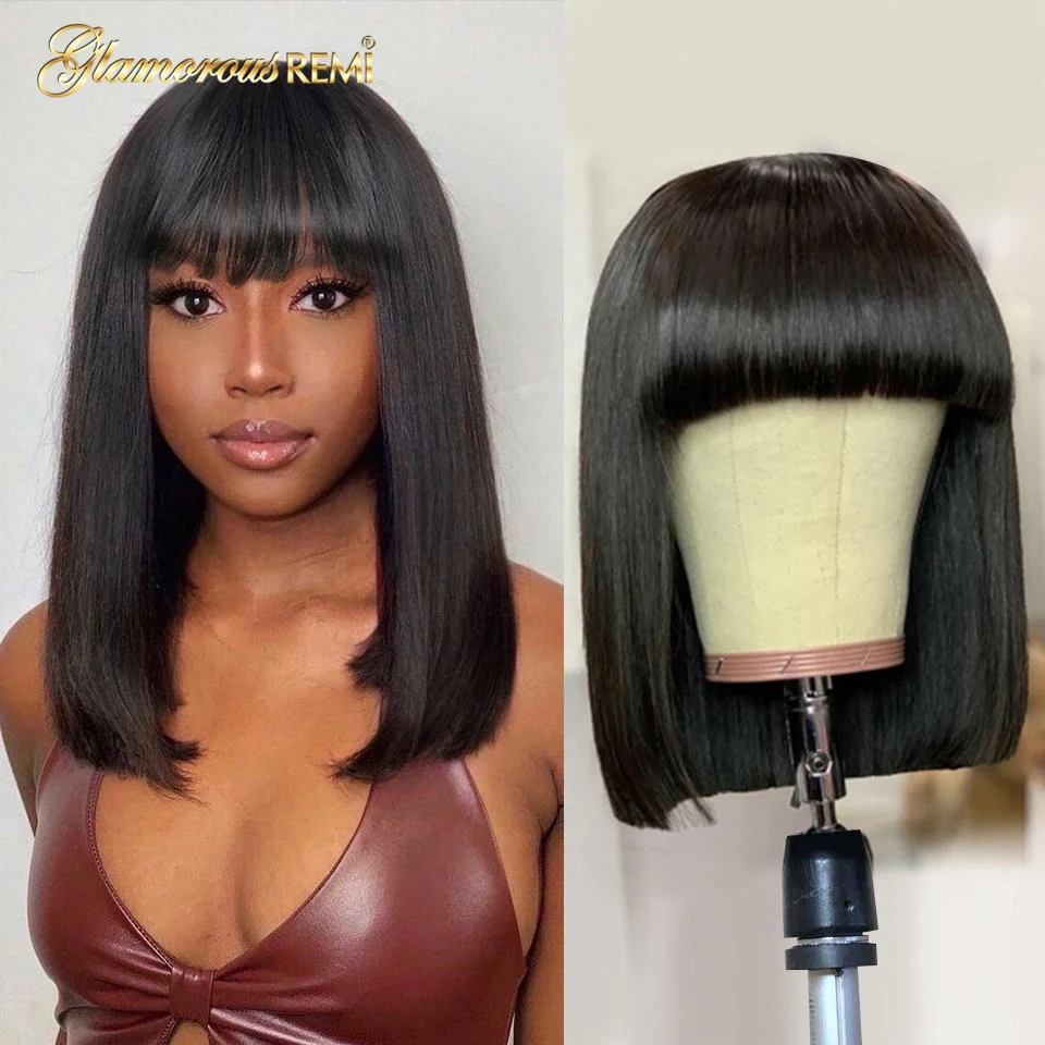 

Прямой короткий парик Боб с челкой Бразильские полноразмерные человеческие волосы парики для черных женщин естественный цвет безклеевая п...