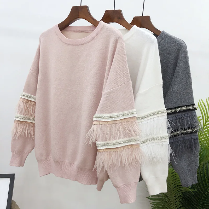 WHITNEY WANG Sweaters Autumn Winter Fashion Streetwear Feathers Patchwork Sweater Women Jumper sueter mujer invierno