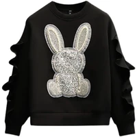 autumn top black women o neck plus size casual cute rabbit cartoon fashion long sleeve ruffle loose sweatshirts