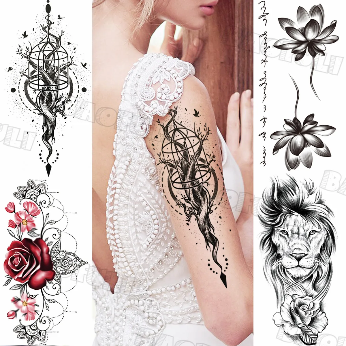 

Realistic Fairy Tree Temporary Tattoos For Women Adult Rose Lotus Pendant Lion Fake Tattoo Custom Armband Sexy Washable Tatoos