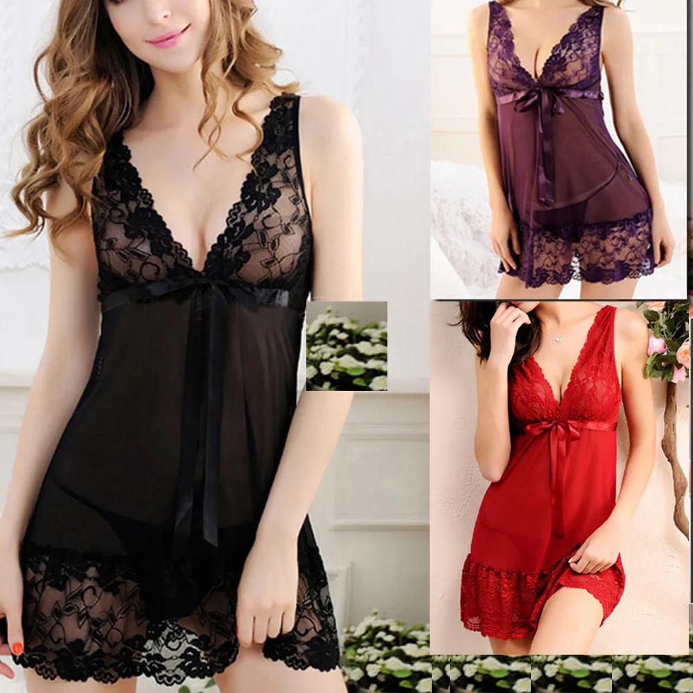 

V-Neck Camisole Bowknot Lingerie Sleevless Lace Nightdress Nightwear Women See Through Underwear+Thong Babydoll Sleepwear A52