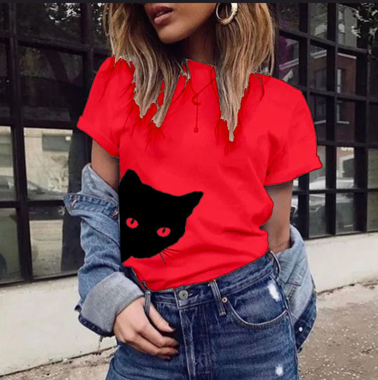 Летняя футболка с милым принтом кота Новое поступление 2019 круглым вырезом и