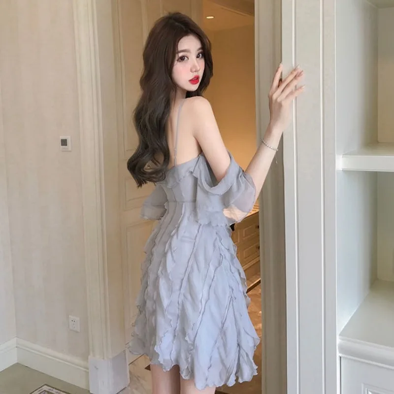 

Summer Fairy Dress Women French Sexy Backless Ruffles Designer Mini Dress Casual Slim Fit Korean Kawaii Dress Women 2021 New
