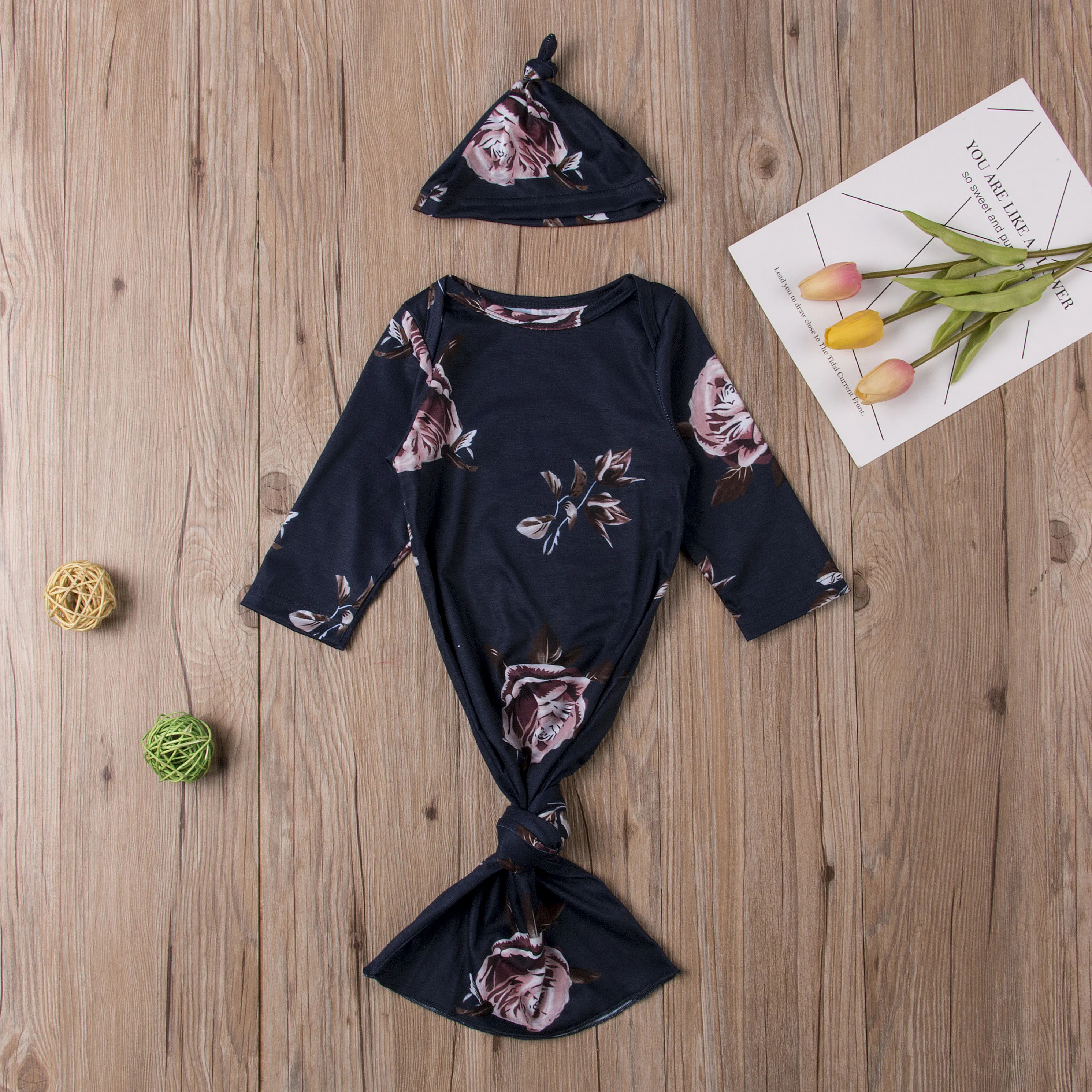 Infant Baby Girls Boys Long Sleeve Flower Gown Blanket Sleep Bag Sleepwear+Hat Sets Newborn New Floral Sleeping Clothes