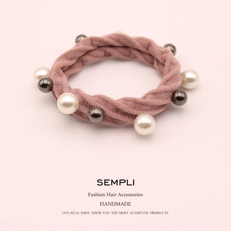 Pink Sempli 10 Цвета нейлон Эластичный женские обручи для девочек высокое качество жемчуг резинки СПЛАВ украшение для волос с бусинами, обтянутая тканью; - Цвет: Pink