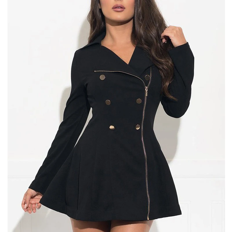 Женское облегающее двубортное черное пальто с длинным рукавом тренчкот