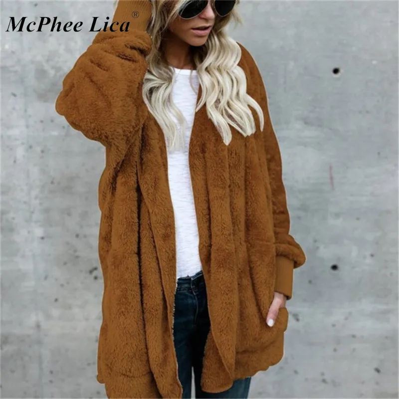 S 5XL пальто с искусственным мехом плюшевого мишки женская модная куртка открытым