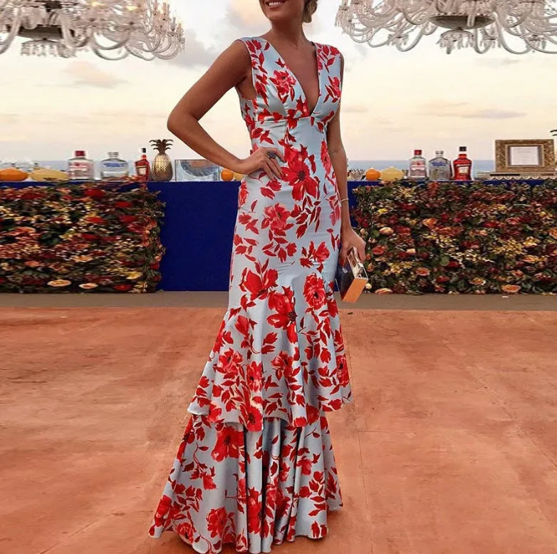 

Elegant flower women dress Formal party women skirt High fashion Deep V-neck sexy dress Evening dress Opening ceremony clothes
