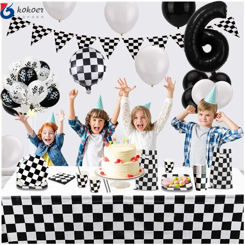Racing Car Driving Disposable Tableware Black White Tablecloth Banner Paper Plates Cup Napkin Set Boy Birthday Party Decor  - buy with discount