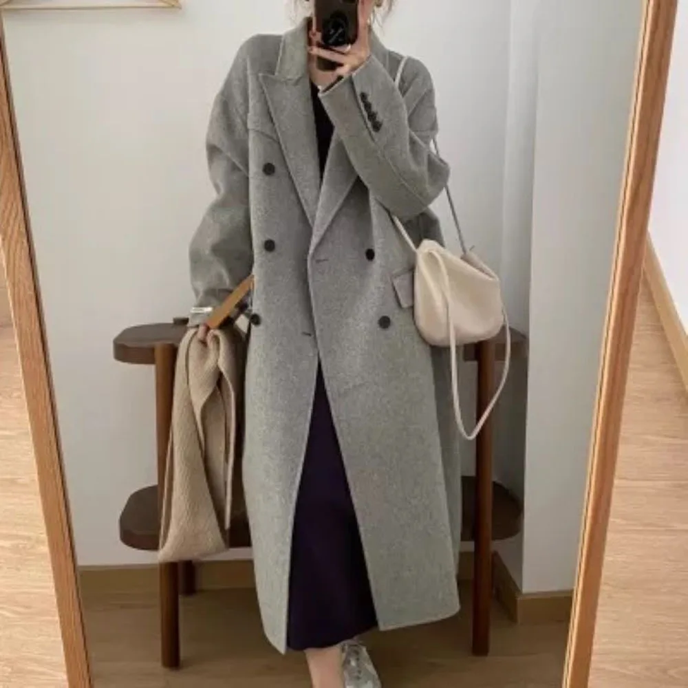 

Пальто шерстяное женское средней длины, модное серое простое двубортное пальто в Корейском стиле на пуговицах, Стандартный свободный рукав...