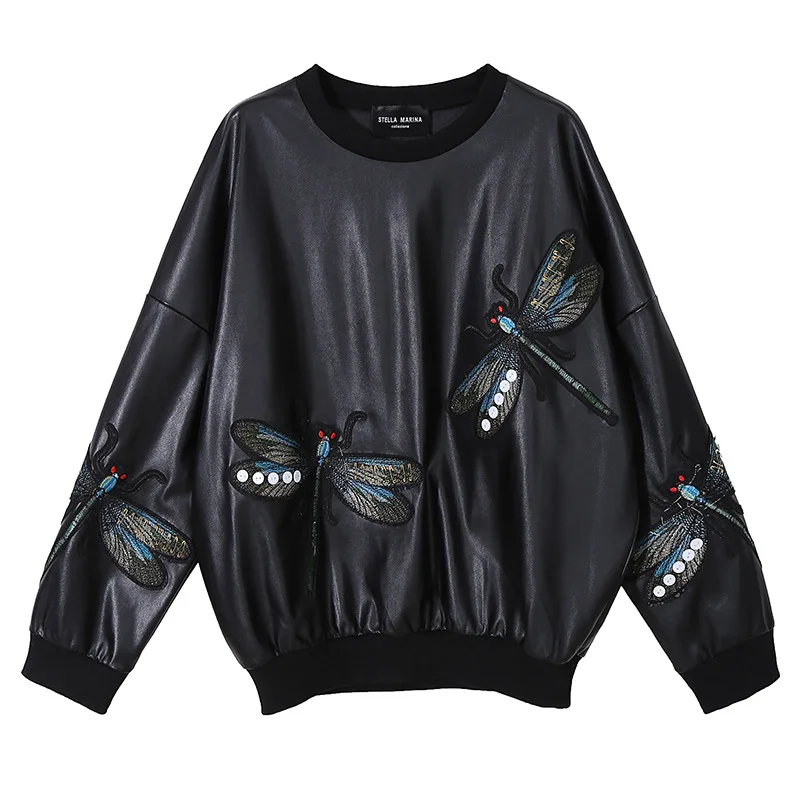 

Модный женский свитер из искусственной кожи, топ с вышивкой, пуловер с круглым вырезом и длинным рукавом, женский кожаный свитер, женская од...