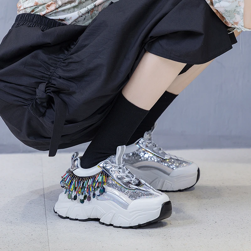 

Luxury Brand Genuine Leather Women's Chunky Sneakers Bling Sequined Cloth Women Shoes Original Design Fashion Ladies Sport Shoes
