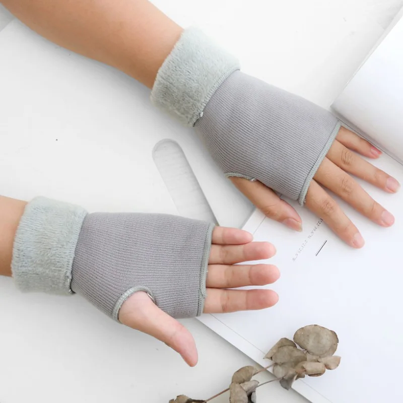 Winter Female Knit Acrylic Touch Screen Typing Mitten Autumn Women Plus Velvet Double Fingerless Writing Half Finger Glove J10 | Аксессуары