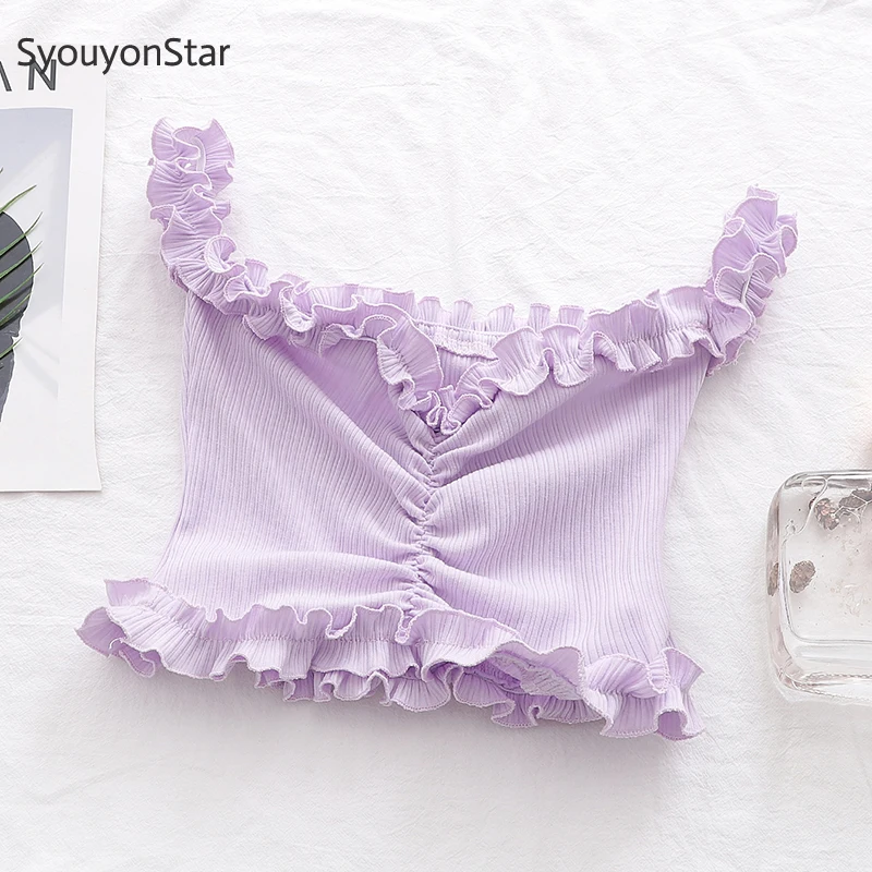 Женская трикотажная блузка с оборками летний укороченный топ открытыми плечами