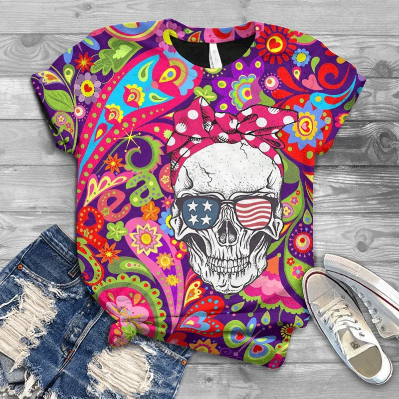 

Harajuku Women's T-shirt Skull Print Short Sleeve Large Size Top O-Neck Women's T-shirt Women's Tee