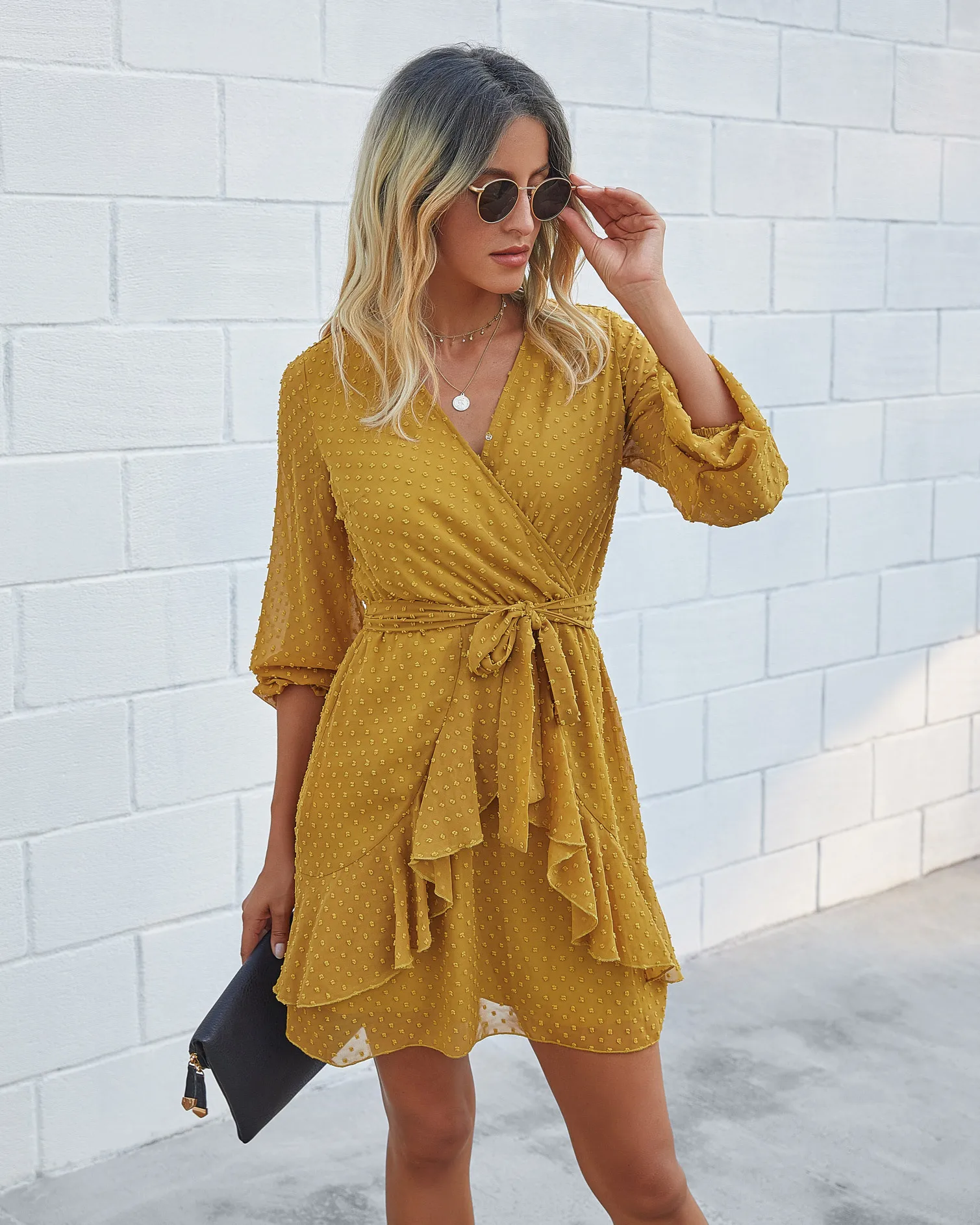 

Fall 2021 European and American fashion ruffled V-neck long-sleeved female dress dresses for women