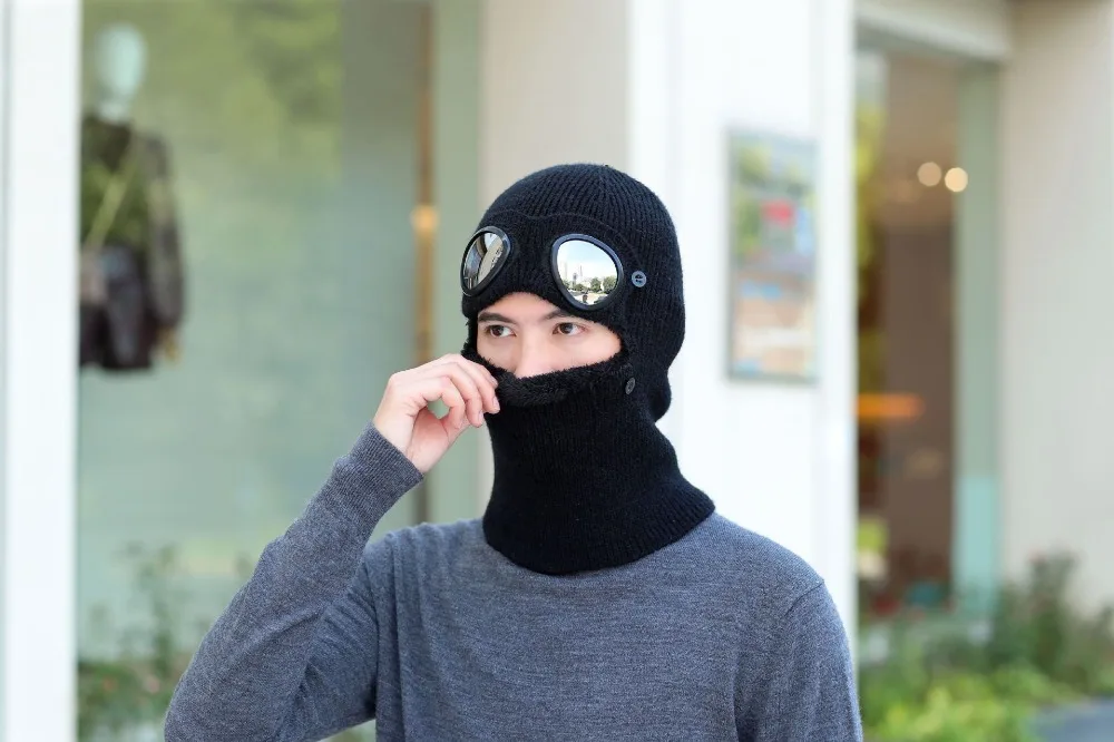 Зимние шапки в шляпе и очках Skullies Beanies Зимние шапки для мужчин женский шерстяной шарф головные уборы, Балаклава маска Knitted шапка вязаная