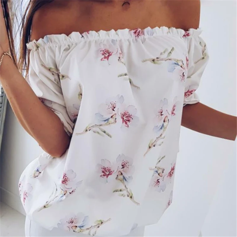 Модная элегантная шифоновая блузка с открытыми плечами и цветочным рисунком 2019