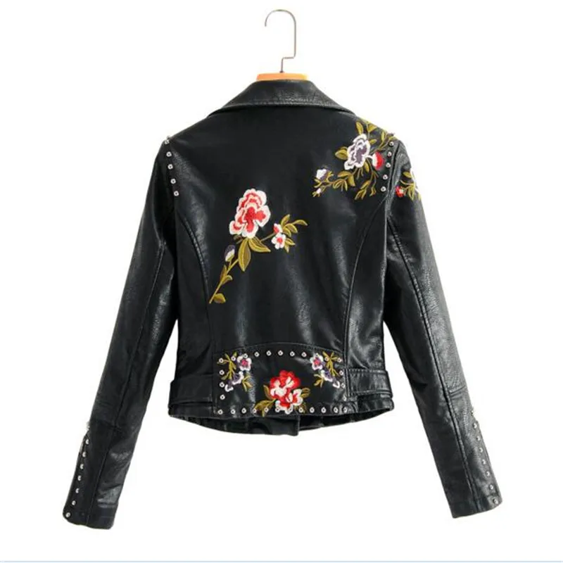 

Faux Soft Leather Jacket Women Embroidery Floral Faux Leather Jacket Pu Motorcycle Epaulet Zipper Punk Outerwear