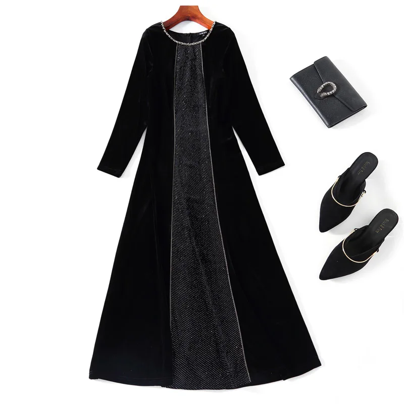 

2021 Velvet Dress Autumn Winter Vintage Party Women's Dress Beading O-Neck 3/4 Sleeve Mid-Calf Length Black Velour Dress XXXXL