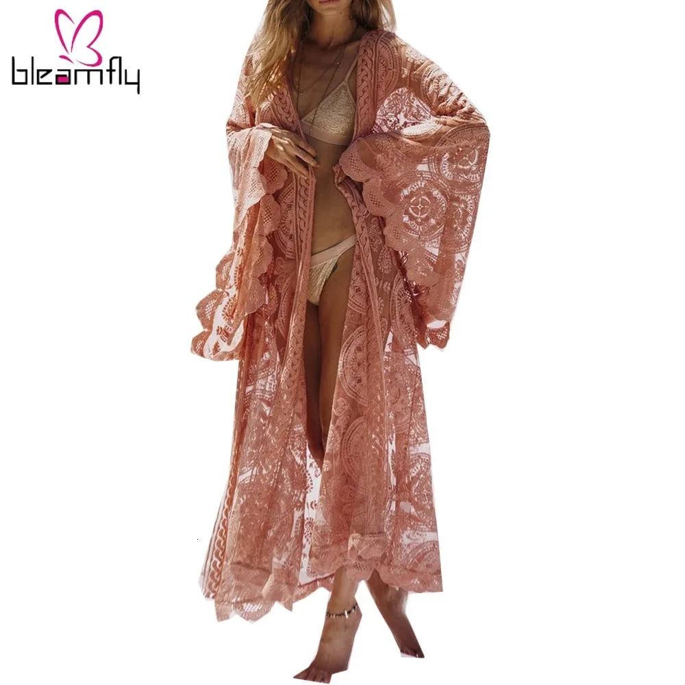 Осень Лето Женское кружевное длинное кимоно с длинным рукавом Boho Кардиган Blusas Верхняя одежда Повседневная Свободная Солнцезащитная блузка рубашка Топы
