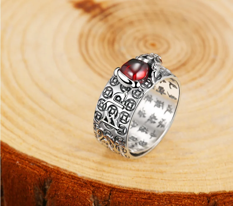 ZABRA 925 Sterling Silver Religion Adjustable Size 7.5 to 11.5 Ring For Women Men Lettering Brave Troops Red Zircon Birthday