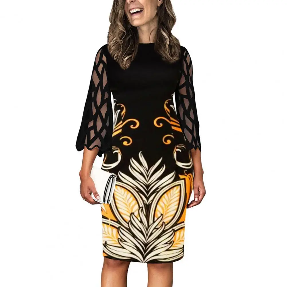 

Fashion Autumn Women O Neck 3/4 Sleeve Knee-length Print Stitching Slim Dress Female Spring Vintage Long Sleeve Party Dress