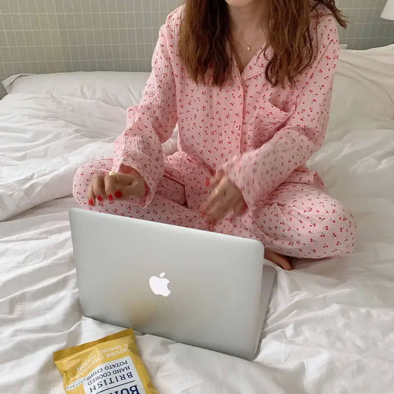 

2021 NEW Fashion Sweet Lovely Cherry Printed Loose Pajamas Women Autumn Winter Home Wear Pure Cotton Long Sleeve Suit Sleepwear
