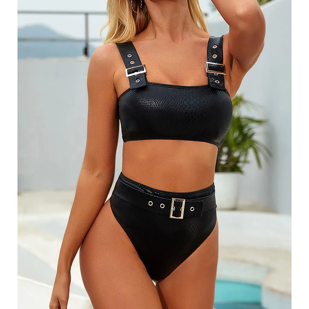 Swimwear Women Sexy Bikini Set Pure Color Leather Strap Trikini High Waist 2022 Bathing Suit Swimsuit Monokini |