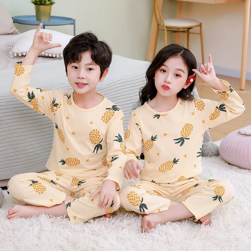 

Boys Girls Pajamas 2021 Summer Long Sleeve Children's Clothing Sleepwear Cotton Poplin Pyjamas Sets For Kids 6 8 10 12 14 Years