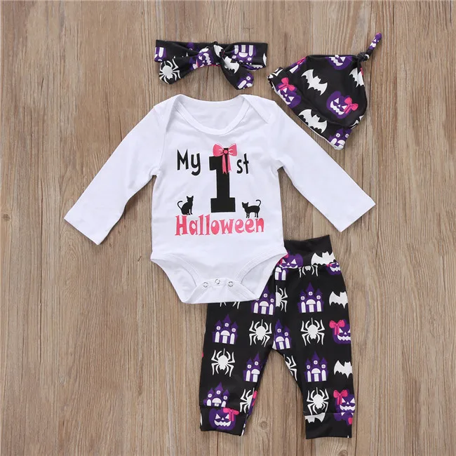 

Baby Halloween 4PCS Outfit Set, Long Sleeve Letter Button Closure Romper, Long Printed Pant, Beanie Hat, Bow Hair Band Set