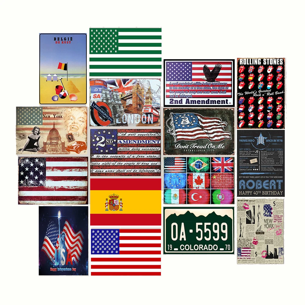 

Country National Flag Tin Sign America Landmark Building Metal Poster Iron Paint
