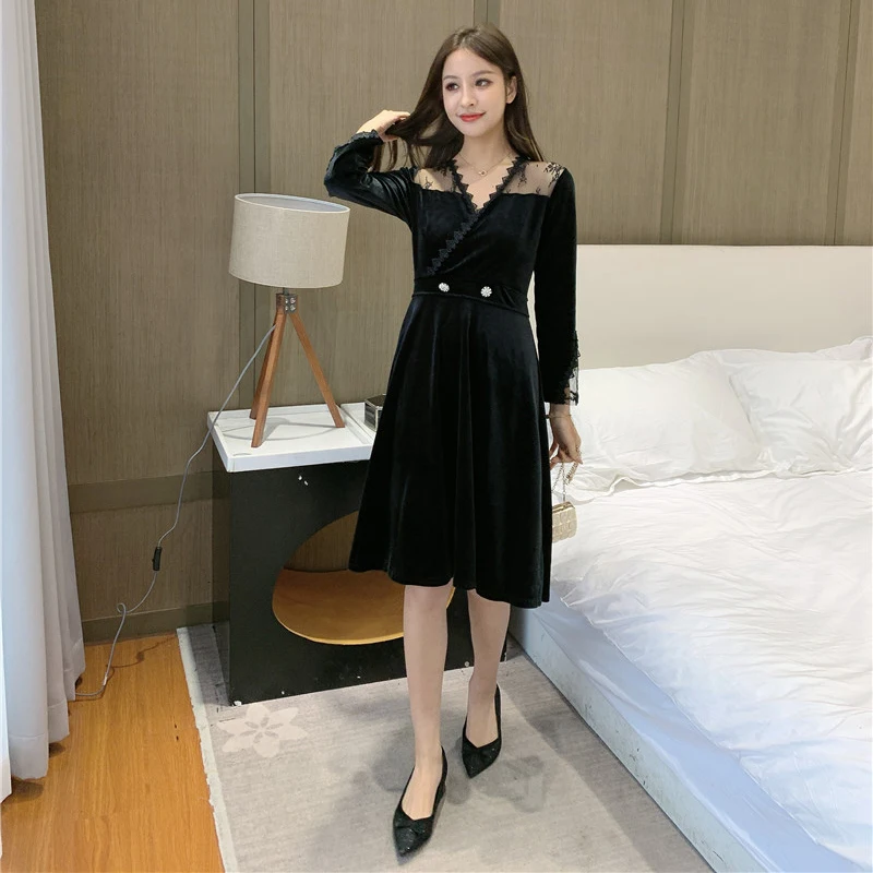 

Houthion Women Dress New Casual Fashion Loose High Waist Long Sleeve V-neck Solid Color Lace Stitching Dresses Spring/autumn