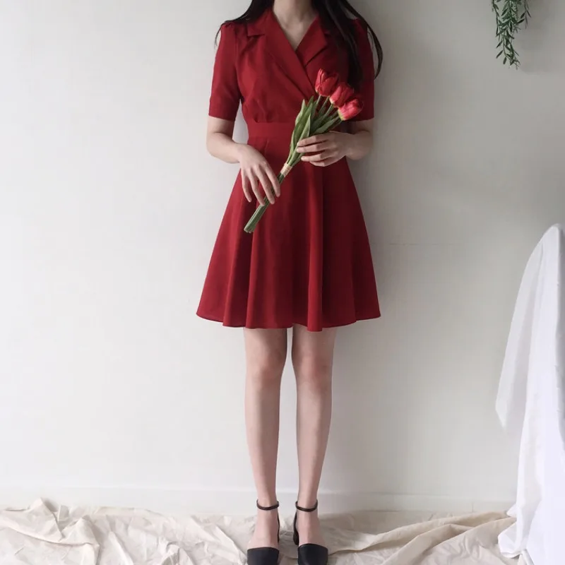 

Korean Chic French Minority Retro Hepburn Style Red Dress for Women Summer V-neck Waist-Controlled Slimming Fairy Dress