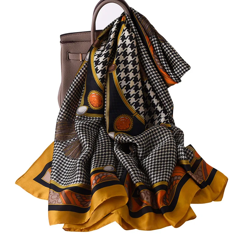 

2020 New Houndstooth Print Summer Women Silk Scarf Large Shawls Pashmina Sunscreen Beach Hijab Stole Wrap Female Echarpe Bandana