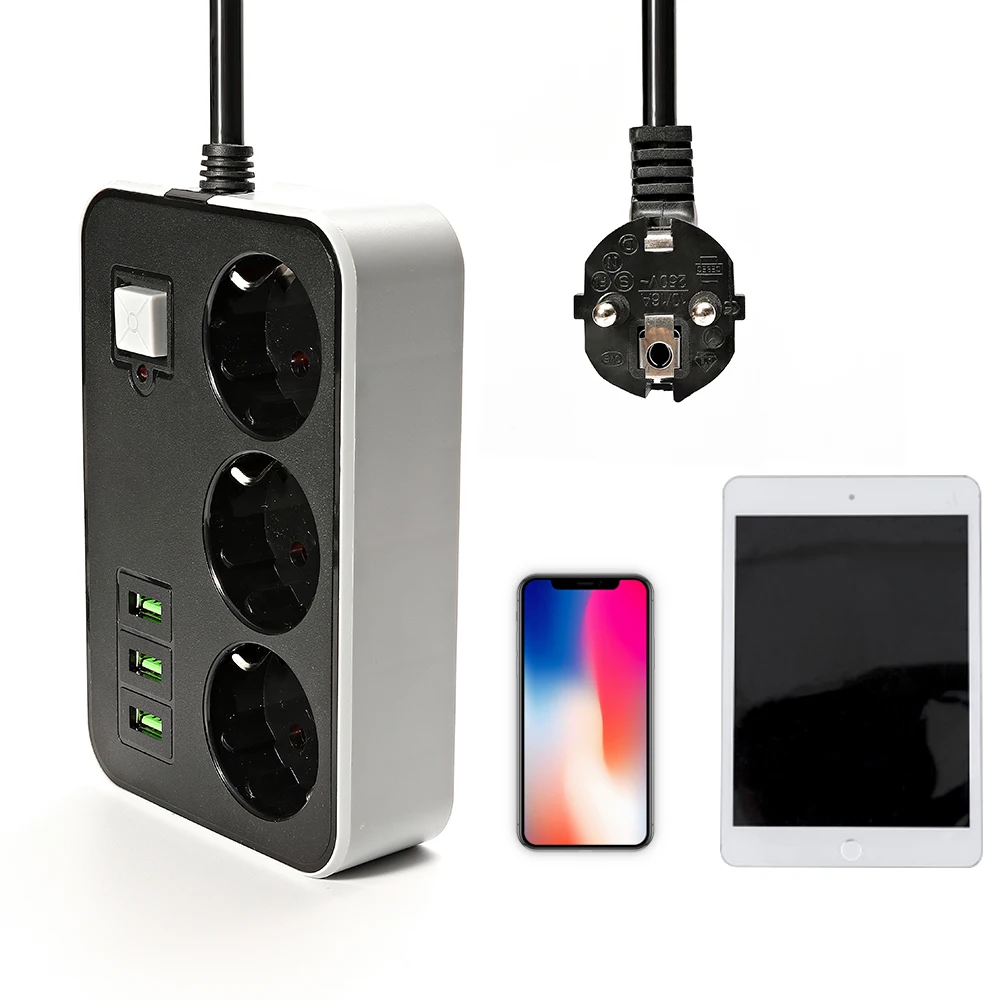2 Round Pin EU RUS Plug Power Strip Switch 1.8 M cable Universal Outlets 3 USB Electrical Extension Cord Socket Network Filter