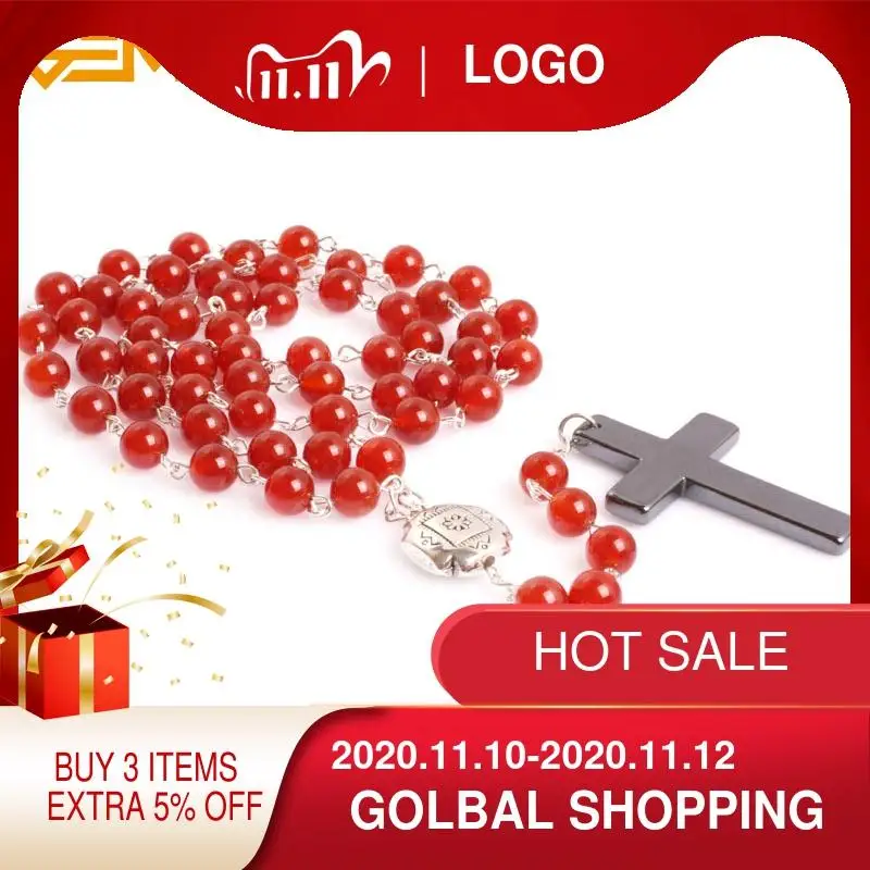 Ожерелье из натурального агата с драгоценным камнем внутри крест четки