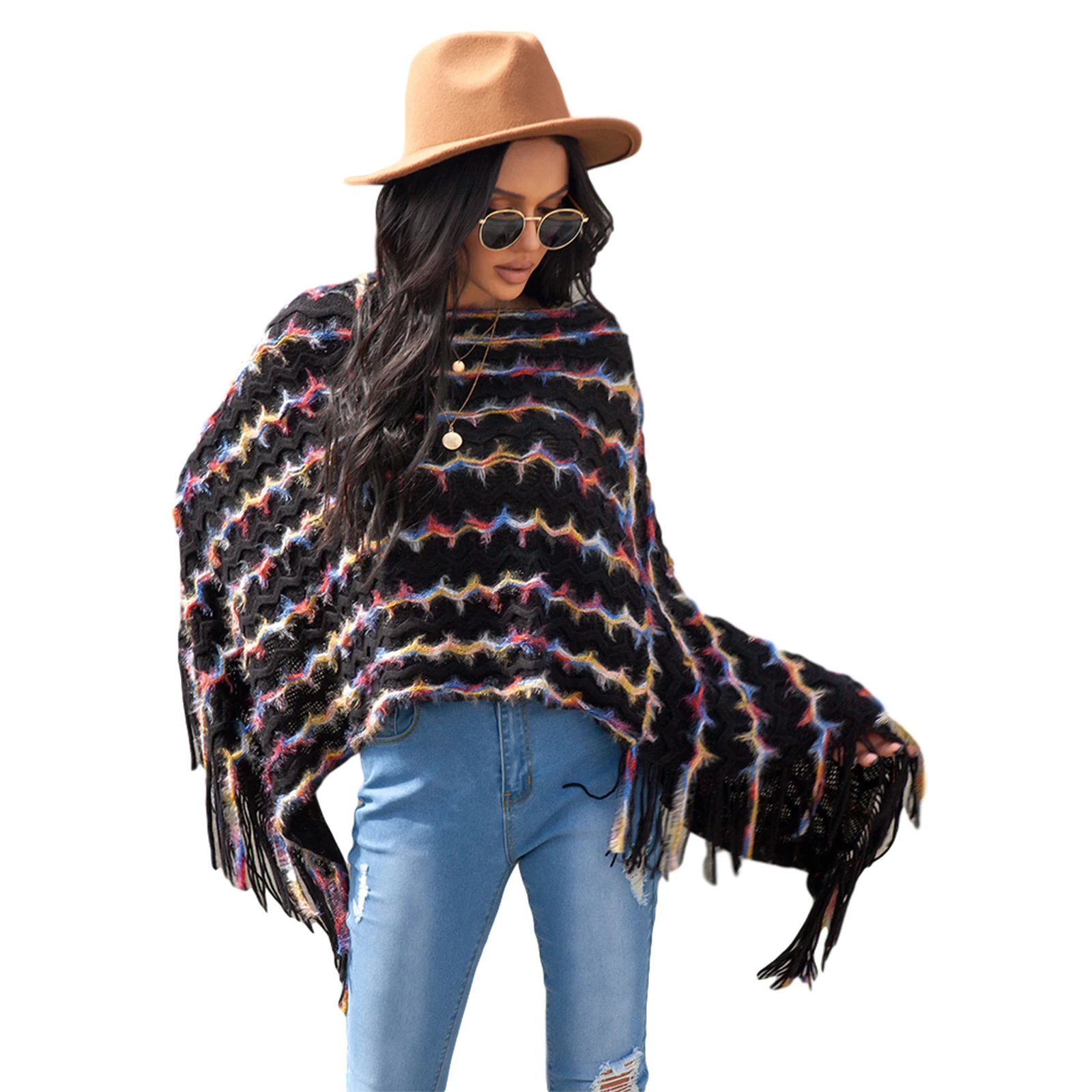 

Новинка; Женская пикантная нарядная накидка пуловер, отделанный бахромой свитер повседневной жизни, с v-образным вырезом, с волнистым рисун...