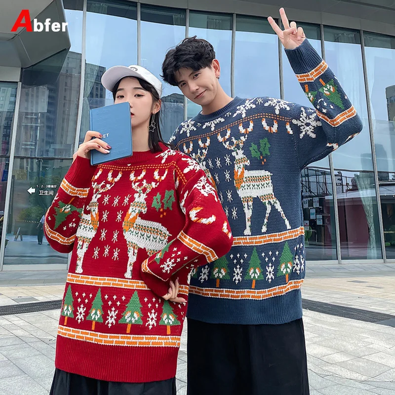 

Abfer 2021 Winter Couple Clothes Christmas Sweater Women O-neck Warm Pullovers High Street Loose Harajuku Knitted Sweaters