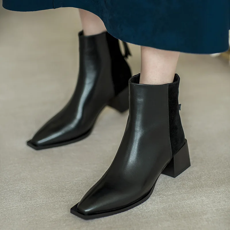 

Женские ботинки LIBIELIY из натуральной коровьей кожи, женские ботильоны на молнии с квадратным носком в британском стиле на толстом каблуке и ...