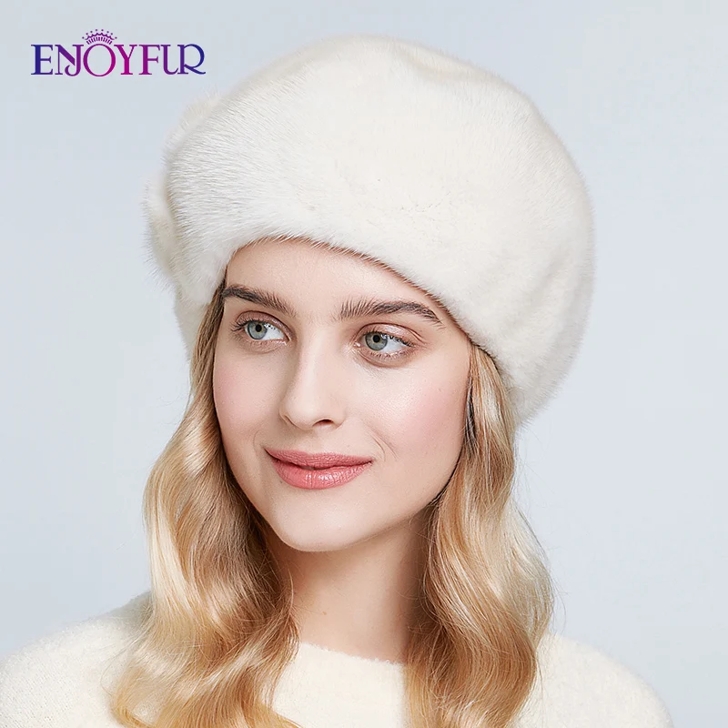 ENJOYFUR, модные меховые береты, натуральный мех норки, шапки для женщин, зимние меховые высококачественные кепки в цветочек