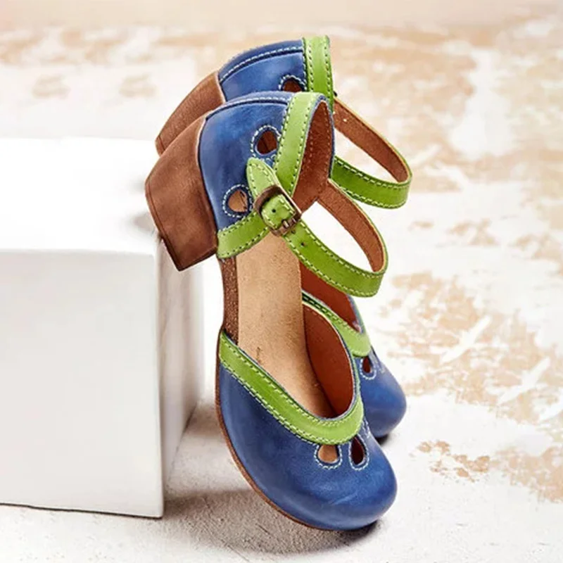 Сандалии женские в ретро-стиле повседневные босоножки на среднем каблуке с