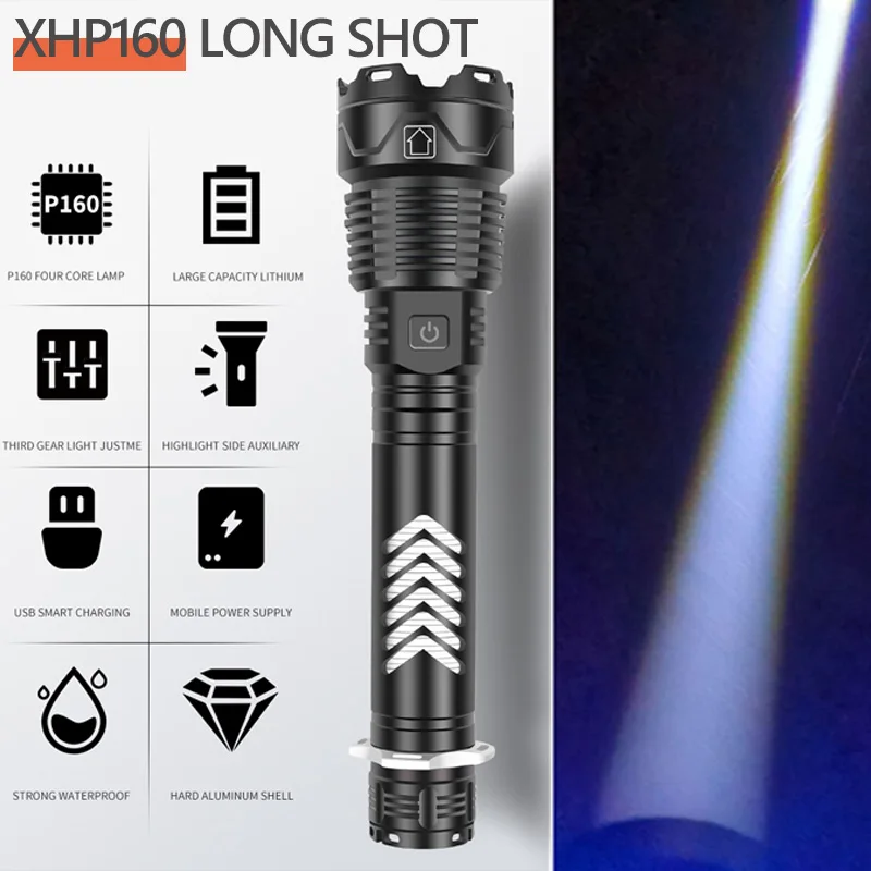 구매 슈퍼 밝은 전술 손전등 Xhp160 16 코어 줌이 가능한 방수 플래시 라이트, 5 모드 캠핑 하이킹을 위한 비상 작업 조명