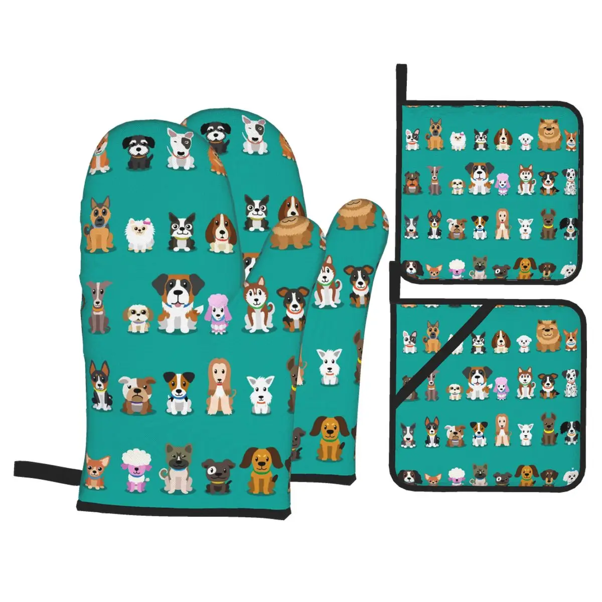 

4 Pieces Polyester Kitchen Cooking Microwave Gloves Cartoon Dogs Baking BBQ Potholders Oven Mitts