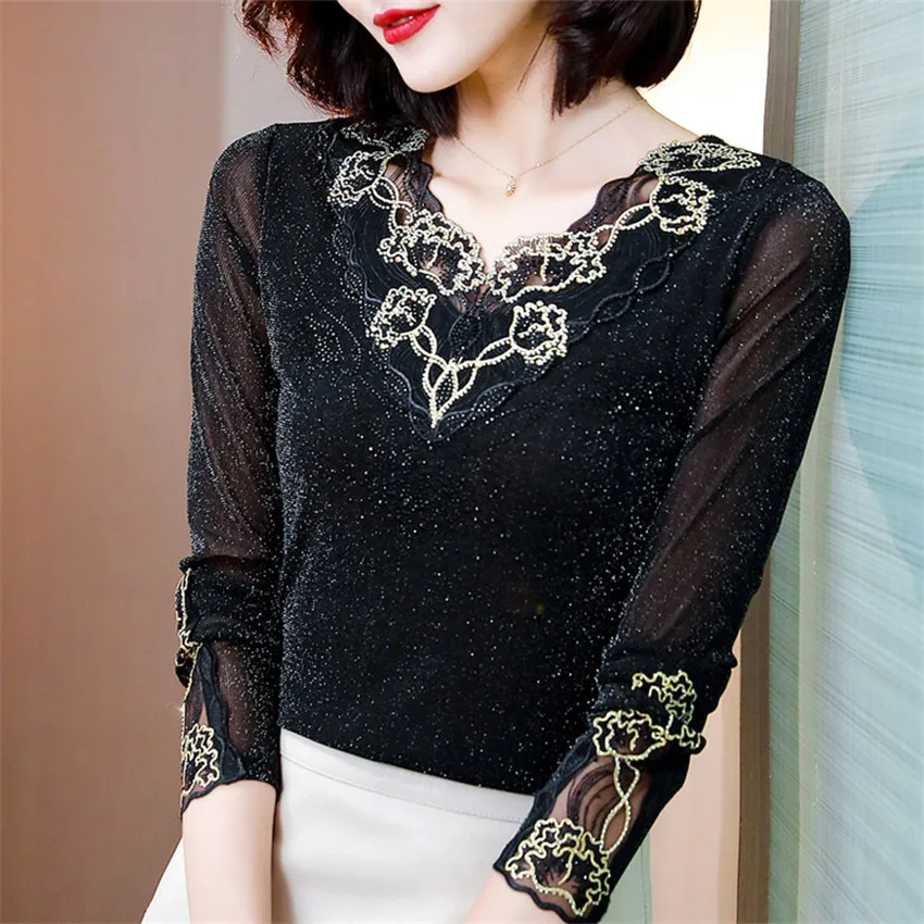 

Модная черная сетчатая блузка со стразами в Корейском стиле, Женские топы и блузки, рубашка с длинным рукавом и вышивкой, пуловер, необычная ...